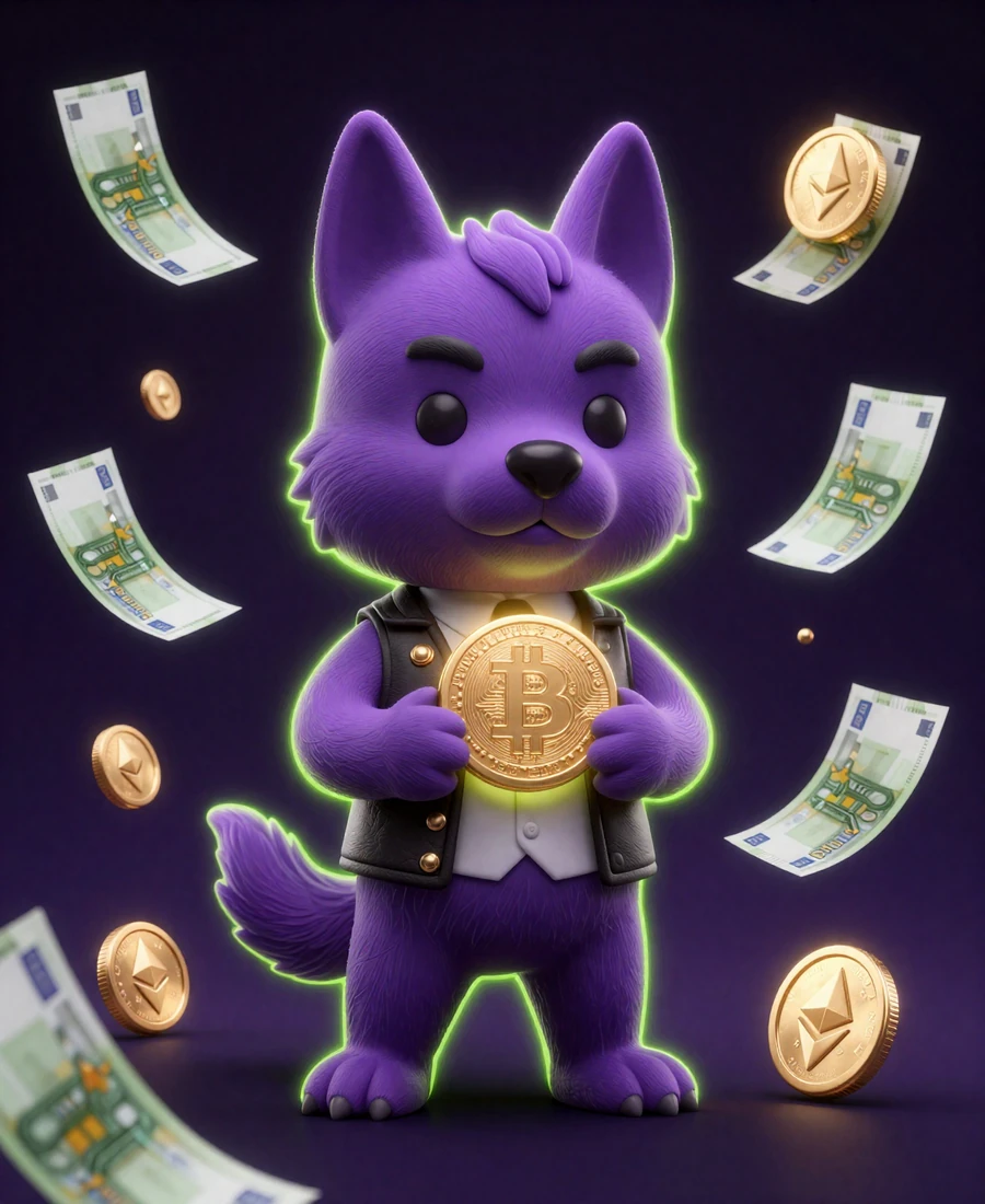 Irwin der violette Hund Maskottchen umgeben von Bitcoin M&uuml;nzen und Euro Scheinen als Symbol f&uuml;r sichere Casino Zahlungen
