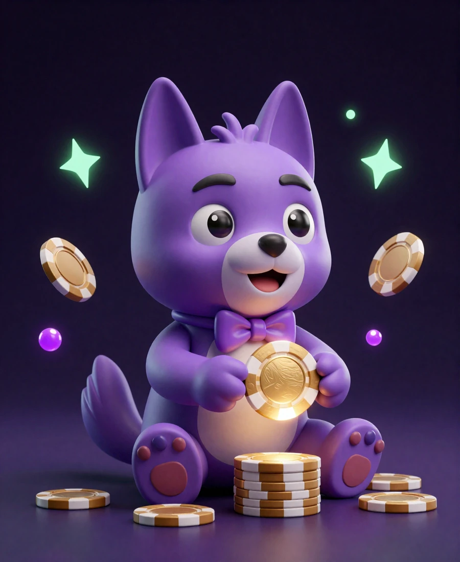 Irwin der violette Hund Maskottchen von Irwin Casino h&auml;lt goldene Spielchips als elegantes Markensymbol